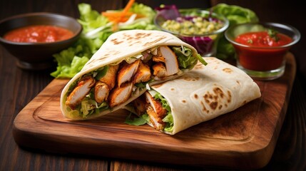 a traditional chicken wrap, consisting of kebab, paratha, and tikka, elegantly served on a wooden plank alongside chutney and salad