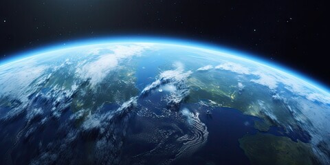 Fototapeta premium Blue space background with earth and galaxy. Abstract wallpaper with planetary glow. Science and education in outer space