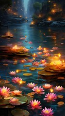 riverbank scene with floating Diyas and colorful flower petals