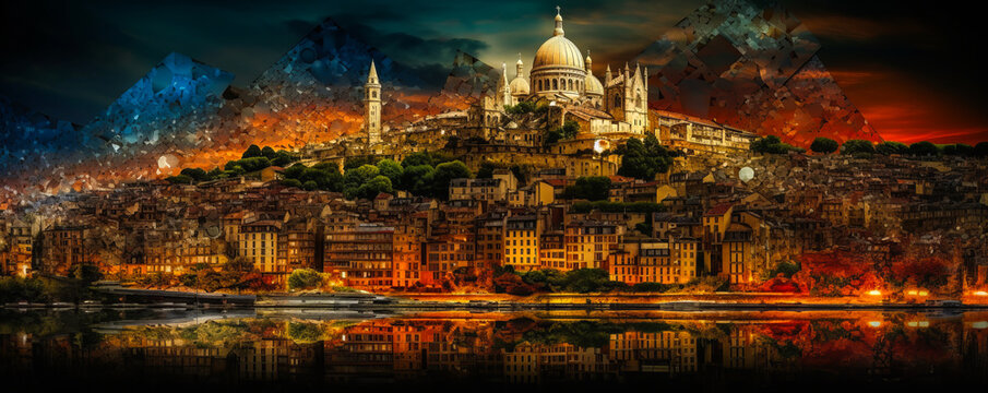 Vibrant French landmark mosaic-collage depicting a comprehensive panorama of the country's culture, architecture and landscapes in dynamic overlays. Ideal for tourism. Generative AI