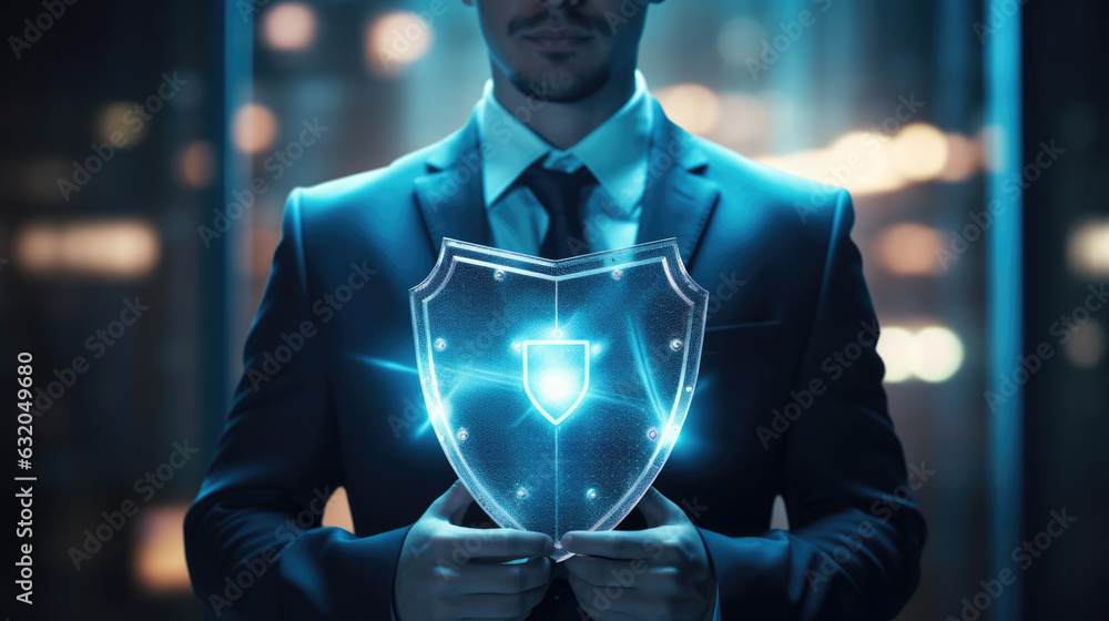 Aufkleber data protection and network security concept. glowing light shield on business man hand for internet