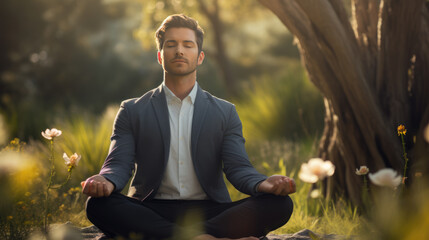 Businessman in a suit meditates in lotus pose in nature. Created with Generative AI technology.