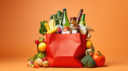 Eco bag full of vegetables and greens on red background. Created with Generative AI technology. - obrazy, fototapety, plakaty