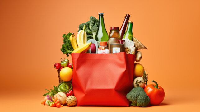 Eco bag full of vegetables and greens on red background. Created with Generative AI technology.