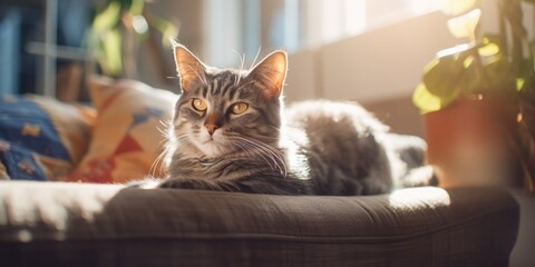 Close up beautiful cat sitting on the sofa at home with sunlight shining through the window, generative ai