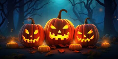 Halloween background. Halloween pumpkin head jack lantern with burning candles, generative ai