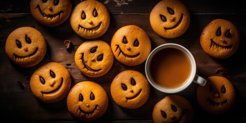 Obraz premium Funny delicious ginger biscuits for Halloween on the table. horizontal view from above, generative ai