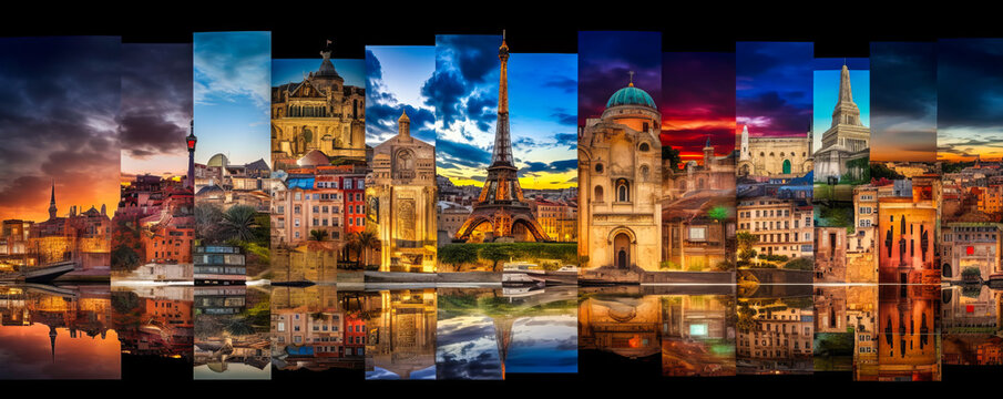 Vibrant, artistic collage showcasing diverse French architecture, landscapes and cultural highlights with dynamic layering creating a mosaic effect. Ideal for promoting tourism. Generative AI
