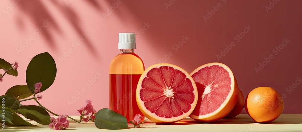 Poster a composition featuring a bottle of essential oil and grapefruits against a colorful background.