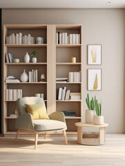 Photo of a cozy living room with a comfortable chair and a well-stocked bookshelf created with Generative AI technology