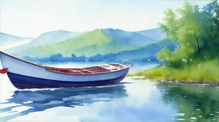 Boat on the lake watercolor oil painting landscape boating. Generative AI.