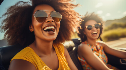 Laughing young woman wearing sunglasses driving a car with her girl friend. Created with Generative AI technology.