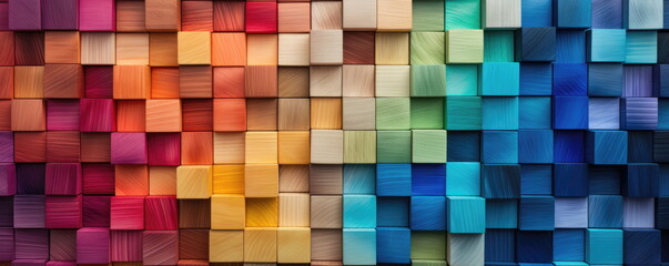 Colorful wooden blocks aligned. Wide format. Hand edited generative AI.  - obrazy, fototapety, plakaty