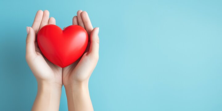 Young women hands holding red heart on blue background, health care, donate and family insurance concept, world heart day, world health day, CSR responsibility, adoption foster family, generative ai