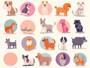 Obraz na płótnie Canvas Cute dogs set. Colourful cartoon collection with cute dogs. set of different dog breeds. Funny puppy characters, Generative AI