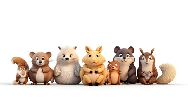 Safari Animal set fox, bear, hare, hedgehog, squirrel, mouse, snail in a scarf in 3d style.