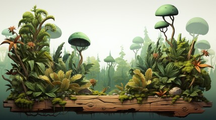 Wooden signboards in jungle. Wood board with tropic leaves, moss and liana plants for game ui.