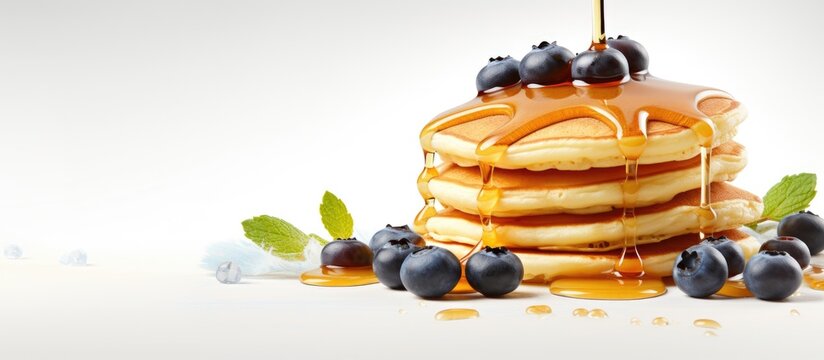 American pancakes topped with blueberries and maple syrup on a light background. Perfect for a sweet and delicious breakfast or dessert. Copy space available.