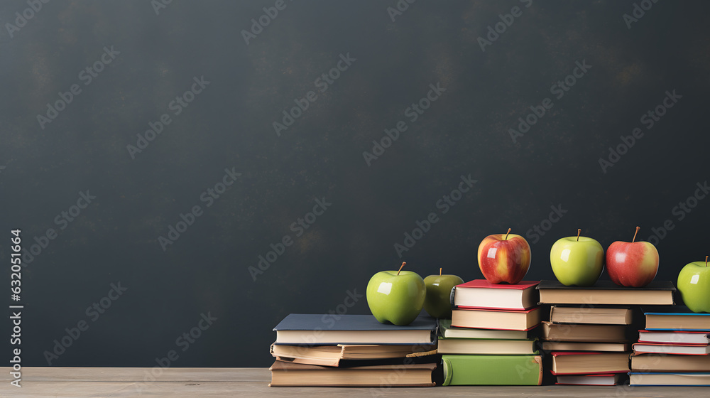 Aufkleber back to school background with books and apples over blackboard.created with generative ai technolog
