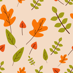 Fototapeta na wymiar Autumn orange and green leaves. Vector seamless pattern for textile or book covers, wallpapers, design, graphics, printing, hobbies, invitations. Background eps 10.