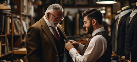 Scene in a men's suit tailor, formal suit shop. Making adjustments to a new suit. Well dressed gentleman, of a custom-tailored suit shop. bespoke formal clothing. hand edited Generative AI.
