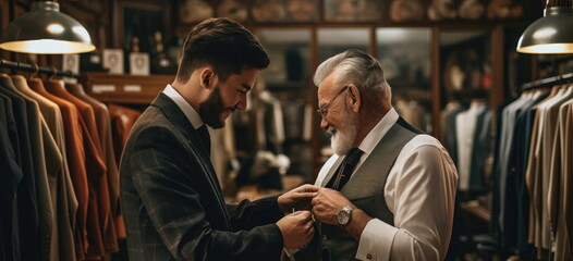 Scene in a men's suit tailor, formal suit shop. Making adjustments to a new suit. Well dressed gentleman, of a custom-tailored suit shop. bespoke formal clothing. hand edited Generative AI.
