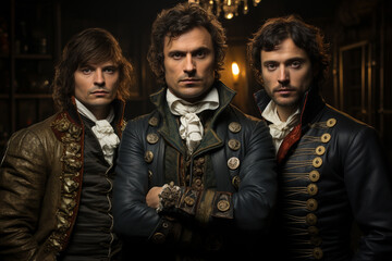 Gallant Musketeers stand united on a Royal Quest, their gaze directed confidently towards the camera
