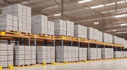 Rows of crates in large indoor warehouse. Generative AI.