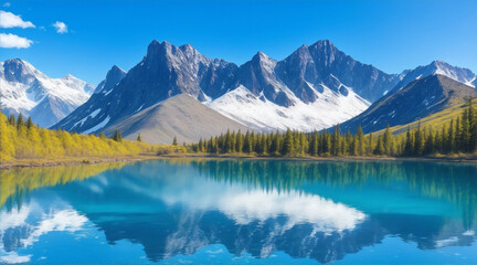 Majestic mountain range reflects tranquil blue pond. Generative AI.