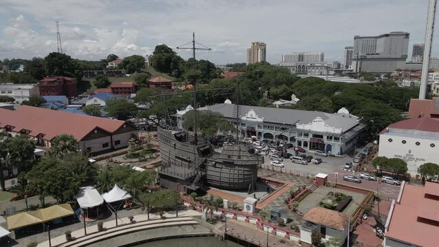 Aerial orbits replica tall ship Maritime Museum on Malacca waterfront