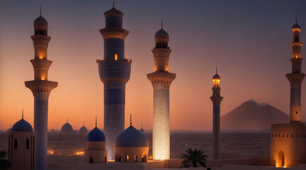 Spiritual minaret illuminates ancient Arabian city skyline at dusk. Generative AI.