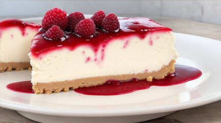 A cheesecake with raspberry sauce on a plate. Generative AI.