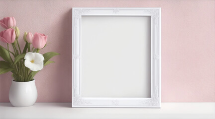 Blank picture frame mockup in white wall floral border. Generative AI.