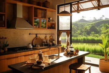 Fototapeta premium Luxurious kitchen with wood design and natural view. generative ai