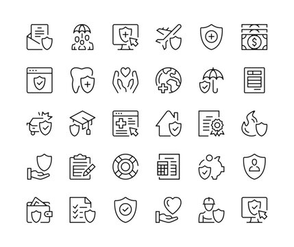 Insurance icons. Vector line icons set. Black outline stroke symbols
