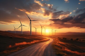 Green energy: Wind turbines silhouetted against the sunset - AI Generated