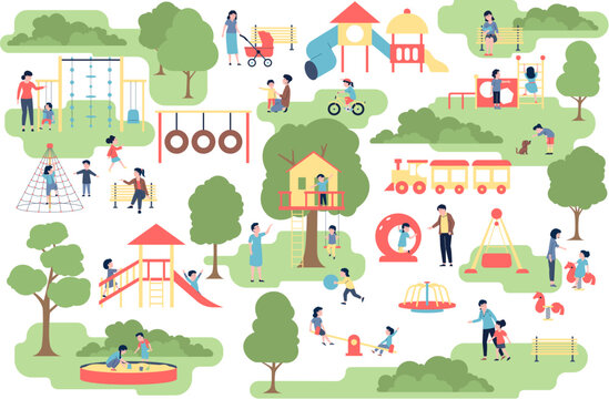 Children play in town playground in park. Kids outdoor activities, walking with mother and father. Cartoon flat kindergarten, recent vector scene