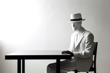 Captivating image of an invisible man in stylish clothing and hat, uniquely positioned at a desk. A blend of mystery and surrealism. Generative AI