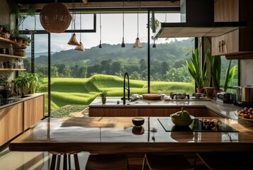 Fototapeta premium Luxurious kitchen with wood design and natural view. generative ai