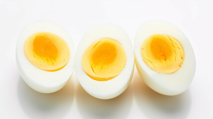 Boiled eggs isolated on white background, top view, close up.