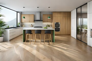 A modern kitchen contains a wooden floor and a marble counter, light brown and gold, light green, crisp and clean