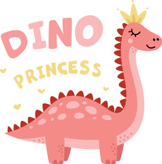 Dino princess character in crown, pink girl card template. Funny cute dinosaur, adorable cartoon animal graphic art, classy child vector print