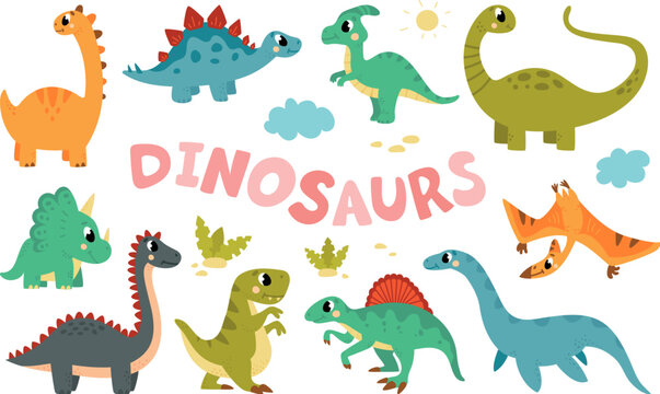 Cute flat herbivore dinosaur, cartoon dinosaurs and reptiles. Dino doodle characters, children jurassic park animals. Prehistoric monsters classy vector set