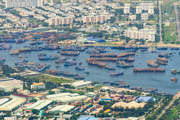Distant view of a busy harbour full of ships at Da Nang in Vietnam