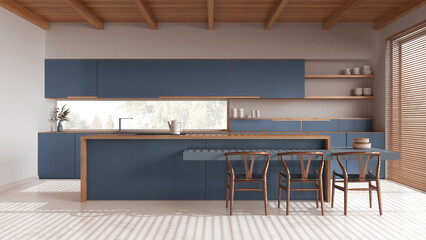 Minimal wooden kitchen with island in white and blue tones. Resin floor and wooden ceiling. Cabinets, dining table and decors. Japandi interior design