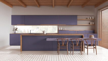 Minimal wooden kitchen with island in white and purple tones. Resin floor and wooden ceiling. Cabinets, dining table and decors. Japandi interior design