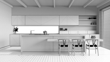 Blueprint unfinished project draft, minimal wooden kitchen with island. Resin floor and wooden ceiling. Cabinets, dining table and decors. Japandi interior design