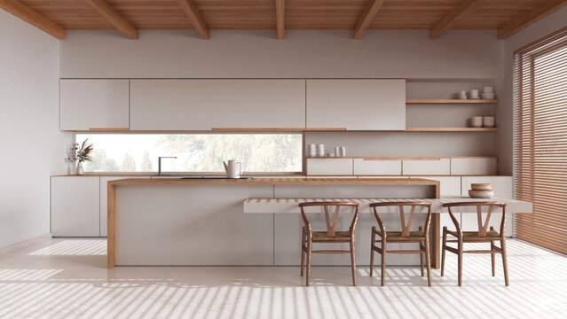 Minimal wooden kitchen with island in white and beige tones. Resin floor and wooden ceiling. Cabinets, dining table and decors. Japandi interior design