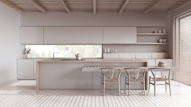 Fototapeta Minimal bleached wooden kitchen with island in white and beige tones. Resin floor and wooden ceiling. Cabinets, dining table and decors. Japandi interior design