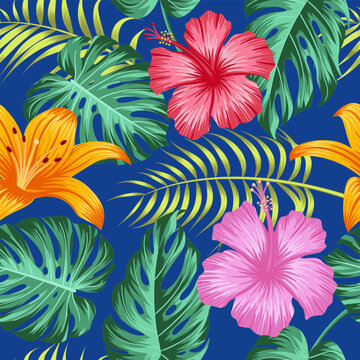 Floral seamless pattern with leaves. tropical background